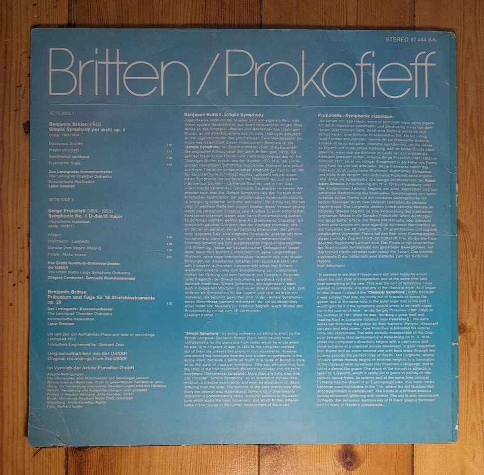 BRITTEN, PROKOFIEFF, DAS LENINGRADER KAMMERORCHESTER, DAS GROSSE RUNDFUNK-SIN LP - Bild 2 von 3