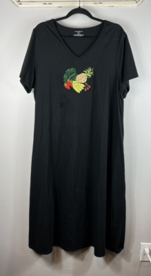 Kim Rogers Maxi Dress 48" Long Black Tropical Fruit Embroidered V-Neck XL |  eBay