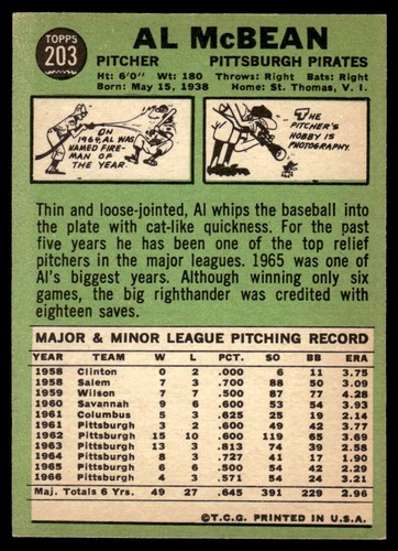 1967 Topps Al McBean Pittsburgh Pirates #203 - Picture 2 of 2
