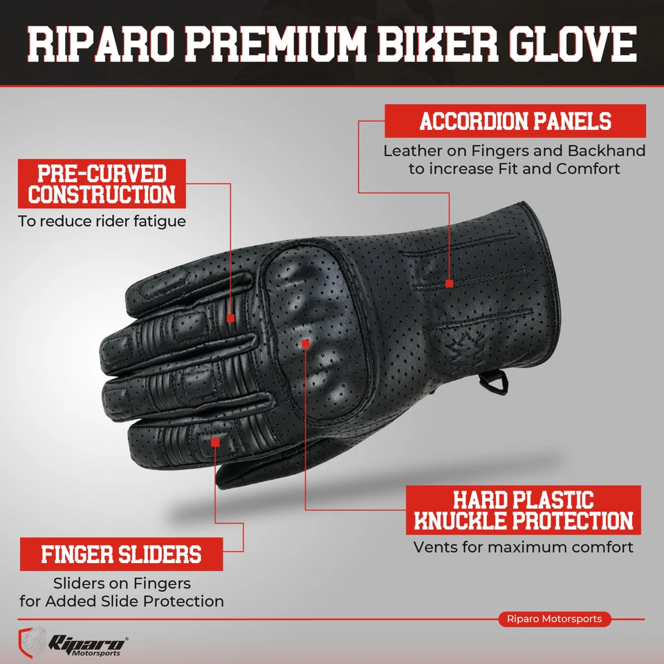 Riparo RetroLeather Motorcycle Gloves Touchscreen Riding Cafe Racer - Image 3 of 4