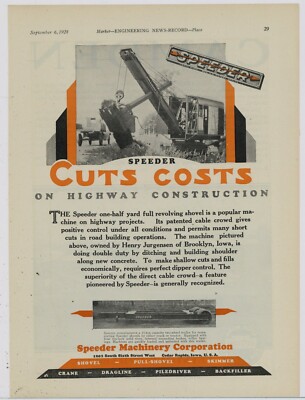 1928 Speeder Machinery Co. Ad: 1/2 Yard Shovel & 15 Ton Trailer - Cedar Rapids 