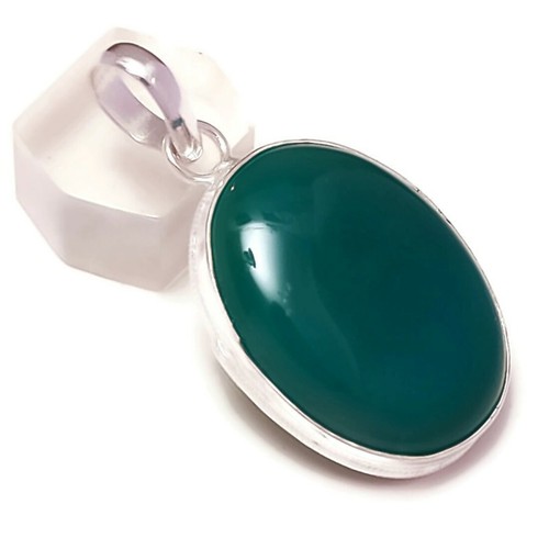 Cabochon Green Onyx Oval Natural Gemstone Silver Overlay Handmade Pendant A3158