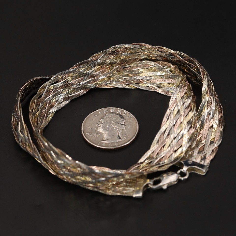 Sterling Silver ITALY 16mm TriTone Braided Herringbone Chain 18