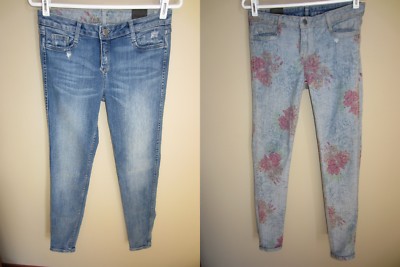 BLEULAB Light Floral REVERSIBLE Distressed Skinny Pocket Legging Jeans  28