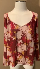 Lucky Brand M Garnet Red V Neck Boho Floral Print Blouse Top￼