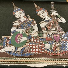 Vintage Hand Painted Thai Art On Silk India Hindu Musicians Folk Art 32 x 29cm
