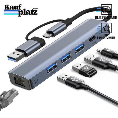 USB-C auf Ethernet Adapter Gigabit RJ45 LAN 1000 Mbit/s mit 3 USB 3.0 Ports