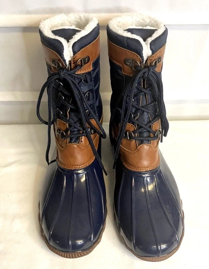 Sz 9 10 Tan & Navy Blue Gavin Fleece Lined Sherpa Rubber Duck Rain Boots Snow