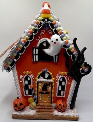 NEW Ghoulish Orange White Glitter LED Light Up Halloween Gingerbread House Decor