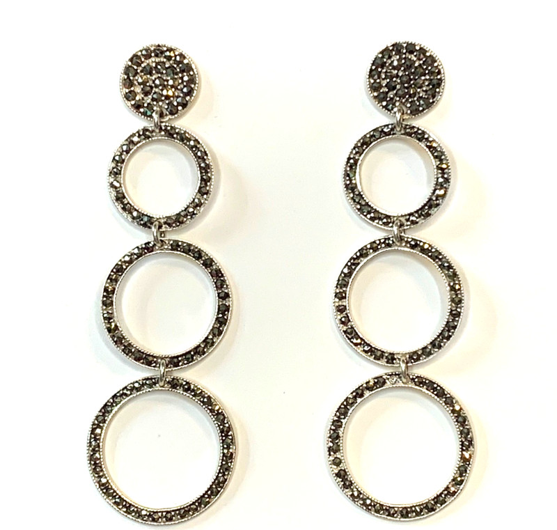 925 Sterling Articulating Stacked Circle Marcasite Earrings 3”