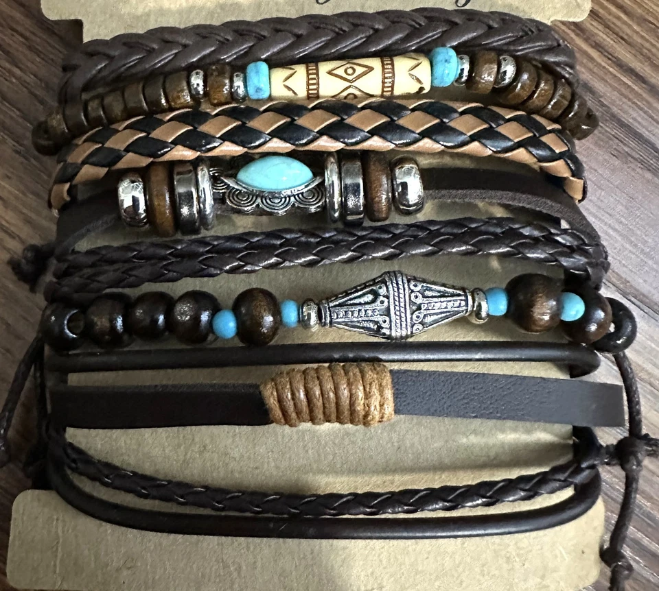 6PCS Retro Punk Braided Western Cowboy Style Bracelets Adjustable Unisex Gifts - Image 2 of 4