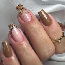 Short Press on Nails Coffin Fake Nails Golden Glitter Leopard Print Designs