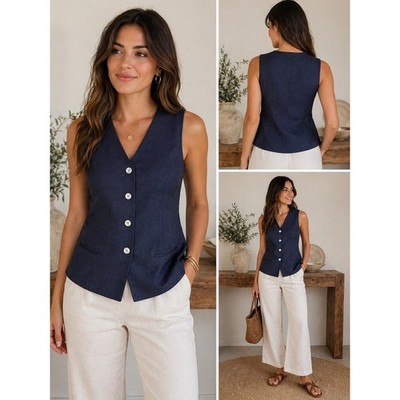 Giorgio Sant'Angelo Vest Navy Blue Linen Rayon Blend Tailored Minimalist L Vtg