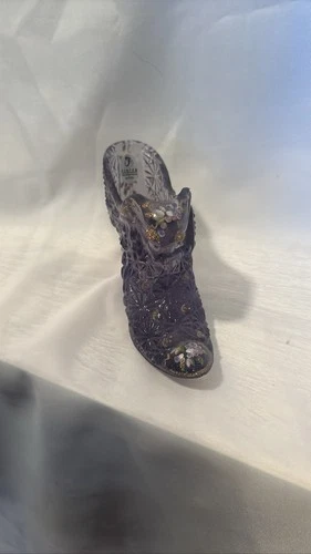 Fenton Amethyst Glass Shoe Slipper Hand Painted Floral Signed
