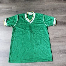 VTG 70s Score Emerald Green Soccer Jersey Sz YM YOUTH Medium VNeck USA STAINS