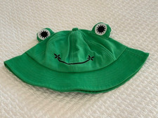 Unisex Frog Bucket Hat Green Cute Embroidered Smile Eyes Chinstrap Sun Hat