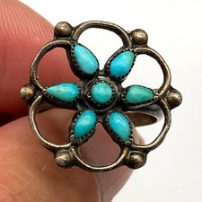 Vintage Zuni Native Flower Turquoise Silver Ring Size 6