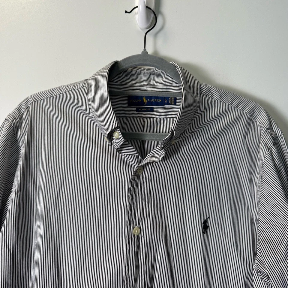 Camisa Ralph Lauren Calce Clásico Para Hombre Negra Blanca Rayas Verticales Abotonada Foto 2 de 4