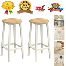 Set of 2 Classic Beige Oak Bar Stools with Metal Frame and Footrest - 65cm