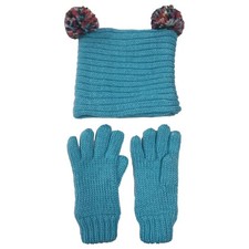 Girls Blue Sparkle Knit Beanie Hat  Gloves Set Fleece Lined
