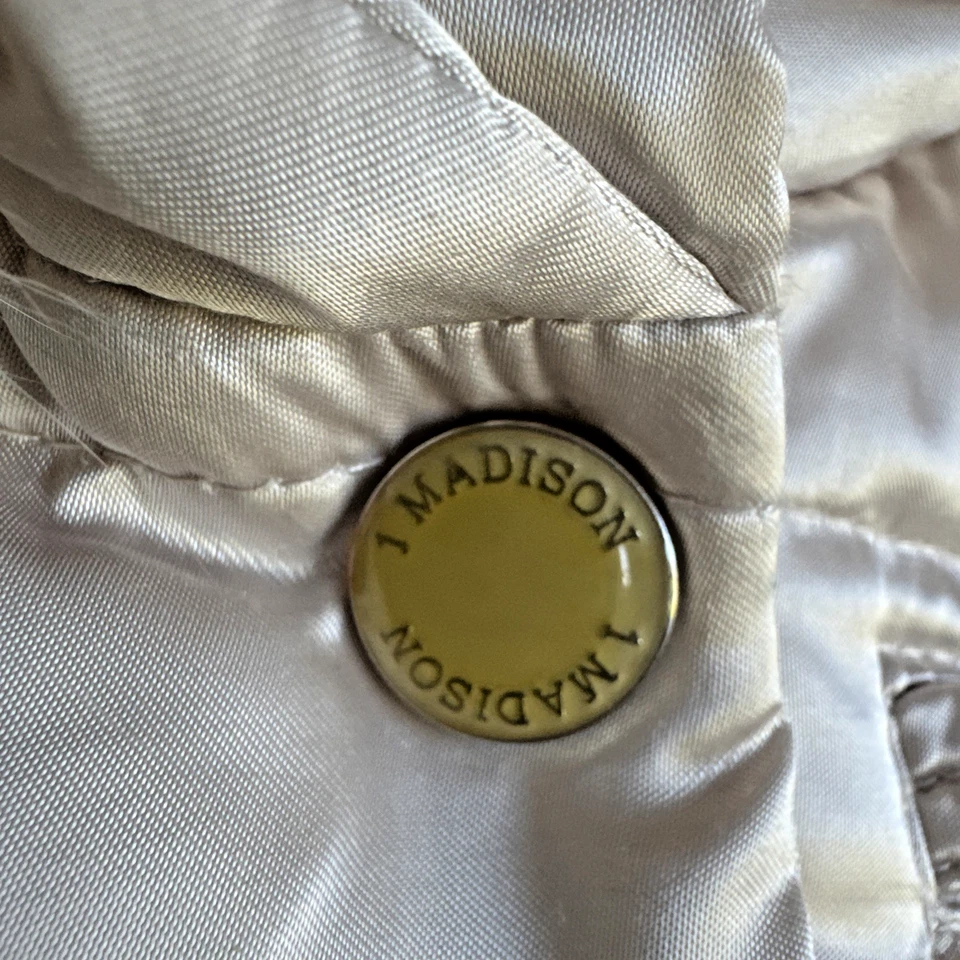 1 Madison Luxe Women’s Medium Down Puffer Coat Fox Fur Hood Belted Quilted Satin - Image 4 of 4