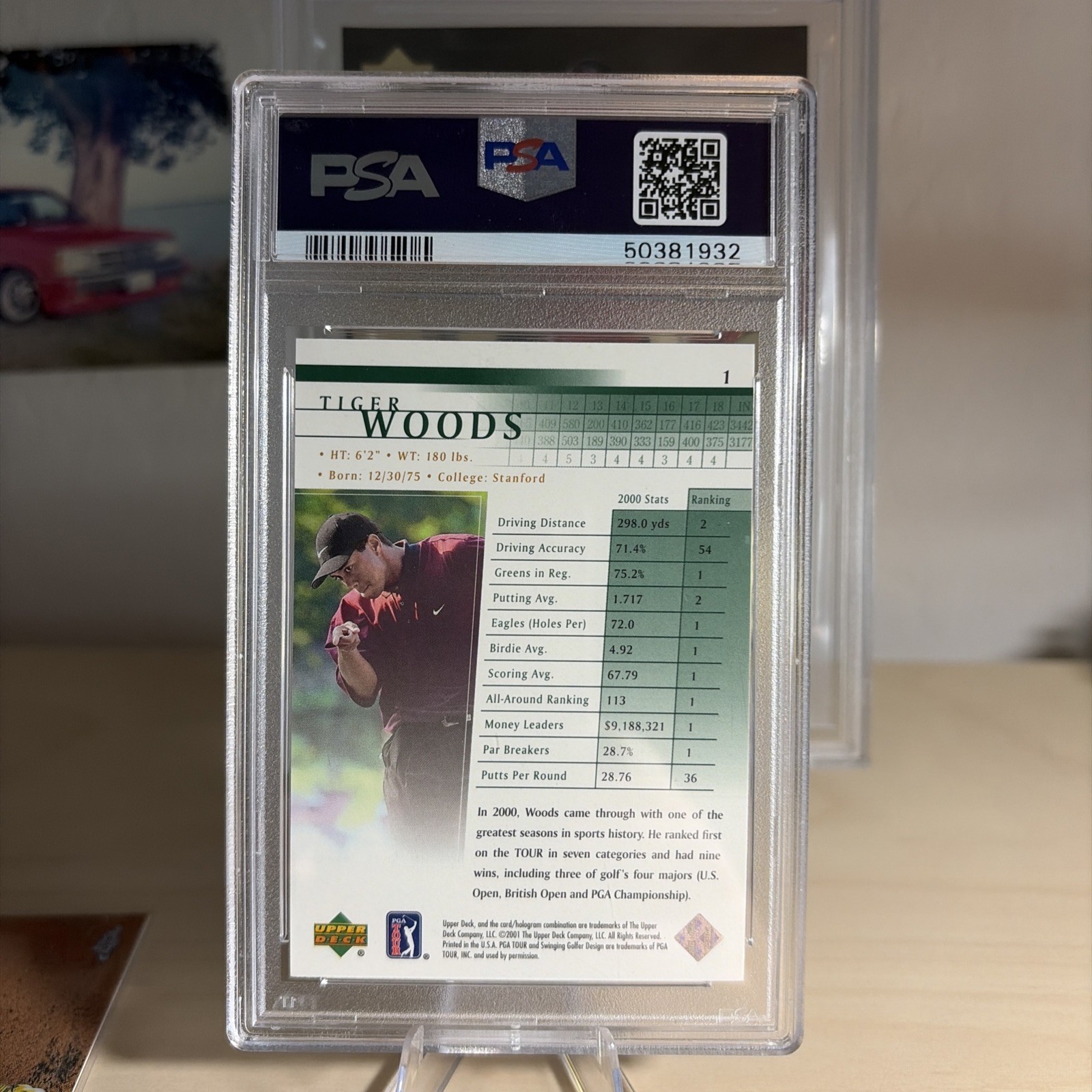 2001 UPPER DECK GOLF #1 TIGER WOODS PSA 7 view 2