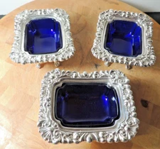 3 English Silverplate Lion Head Footed Open Salt Cellars Cobalt Glass Inserts
