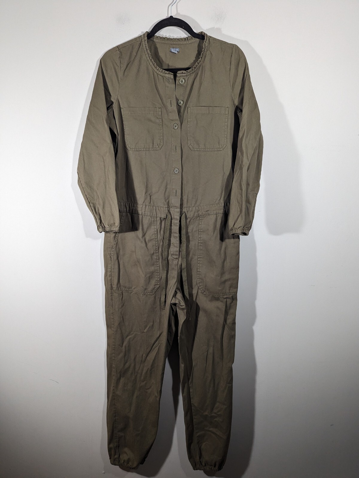 Aerie Jumpsuit Women Sz S Olive Green Utility Long Sleeve Button Front Coverall-image