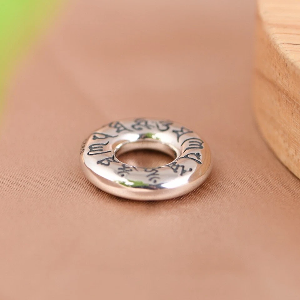 Women Men Real 925 Sterling Silver Lucky Retro Glossy Mantra Circle Pendant - Image 4 of 4