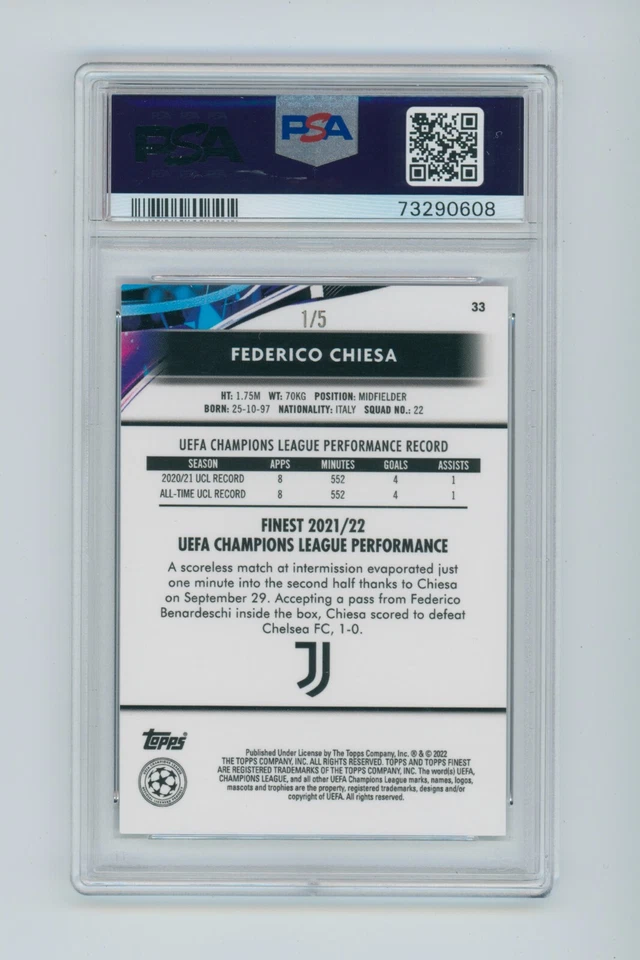 2021-22 Federico Chiesa Topps Finest Red Refractor Juventus FC Card 1/5 PSA 10 - Image 2 of 3