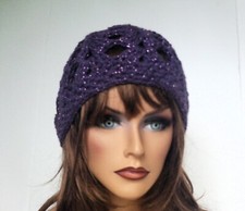 NEW PURPLE SPARKLE OPEN WEAVE BEANIE HAT HAND MADE CROCHET BERET SKULL CAP