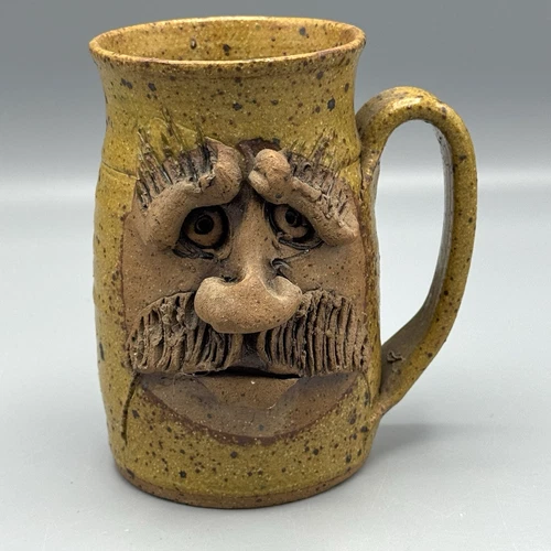 Ugly Face Character Mug Stoneware Pottery Mustache Man Signed Claymates USA