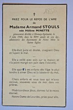 HELENE MINETTE Mme Armand Stouls FAIRE PART DECES Hornay Sprimont 1948