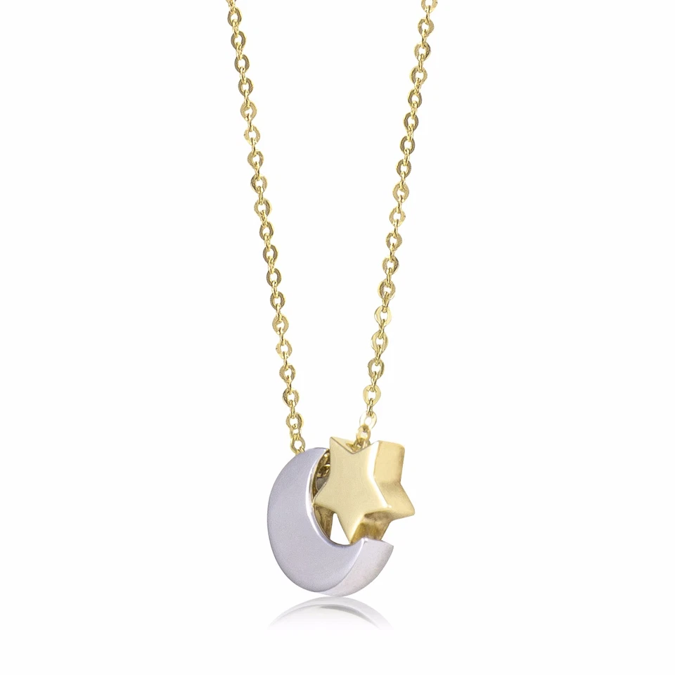 14K Solid Yellow White Gold Moon Star Pendant Rolo Chain Necklace Set - Charm - Image 2 of 4