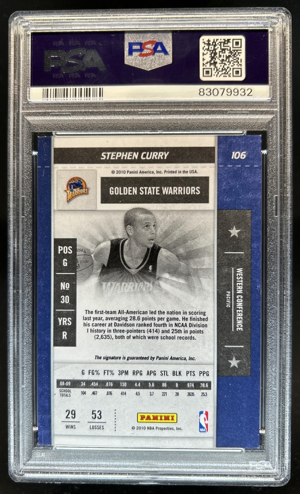 2009-10 Panini Playoff Contenders Stephen Curry Rookie Ticket RC Auto #106 PSA 8 view 2
