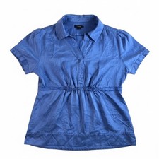 ALFANI Vtg Blue Silk Shirt Peplum Top Pleated Waist Women Sz 14 Empire Waist