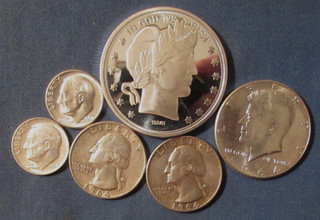 LOT 5 US SILVER COINS & 1 OZ 999 SILVER EAGLE & LIBERTY ROUND 1964 HALF $ ETC