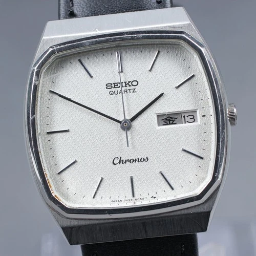 Vintage 1984 SEIKO chronos 7433-5040 Quartz Silver 32mm Men's Watch New Battery