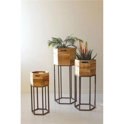 Kalalou CCHA1093 Hexagon Recycled Wood Planters On Metal Bases Tan - Set of 3