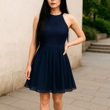 Lulus Lover's Game Navy Blue Lace Halter Neck Skater Dress Women’s Size Medium