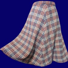 VTG wool plaid midi skirt 28"w red white ivory  navy blue patriotic A-line 5H