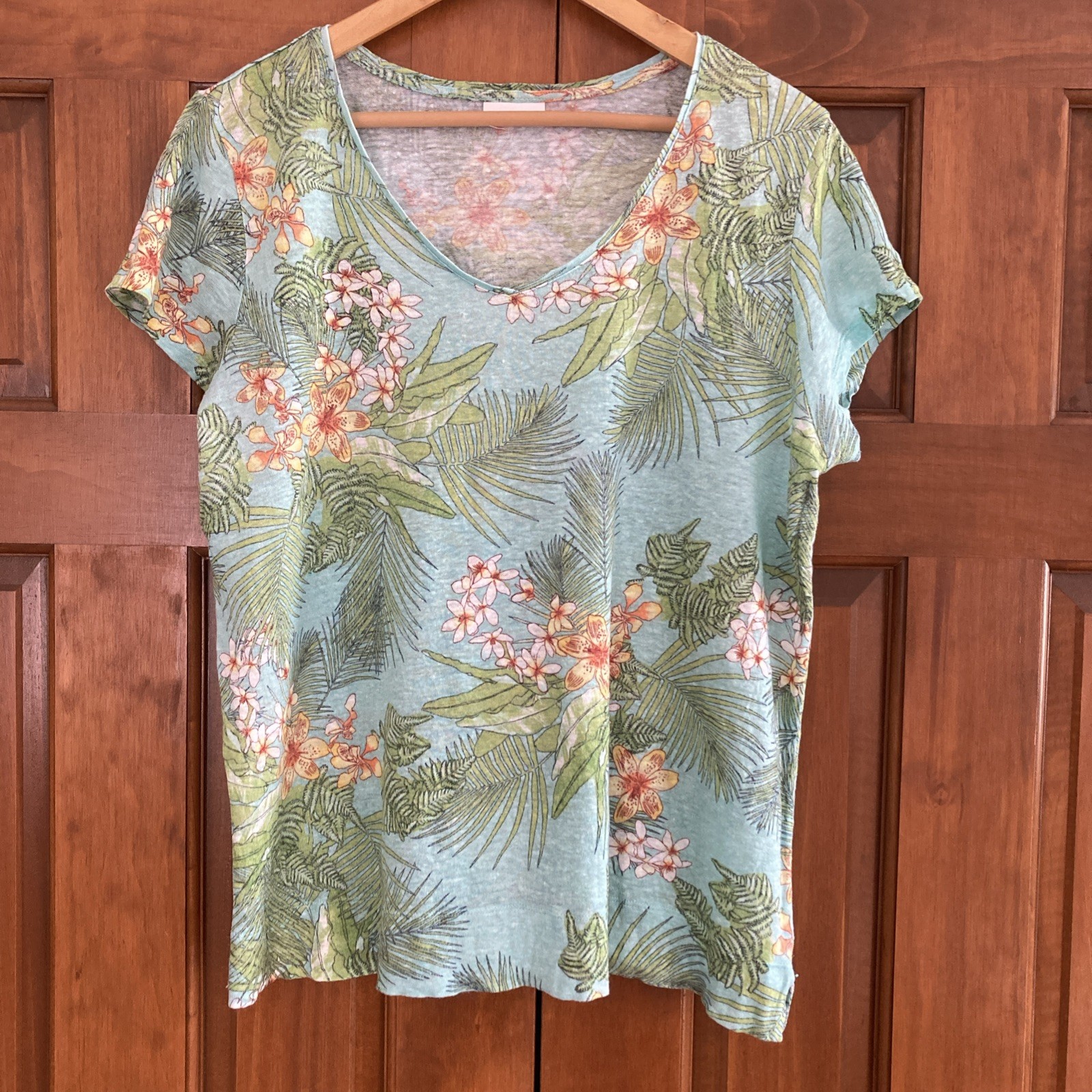 JJill 100% Linen Tropical Print V-neck Blouse Top Womens Size XL