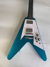 Custom Flying V Electric Guitar Metallic Blue White Pickguard Chrome Hardware