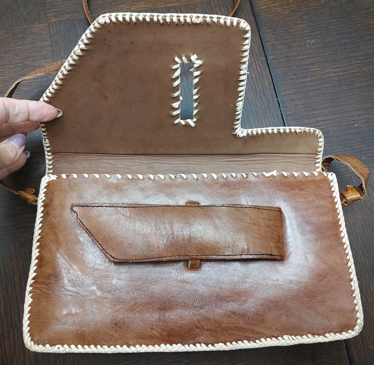 70's Handmade Leather Patchwork Clutch  African M… - image 7