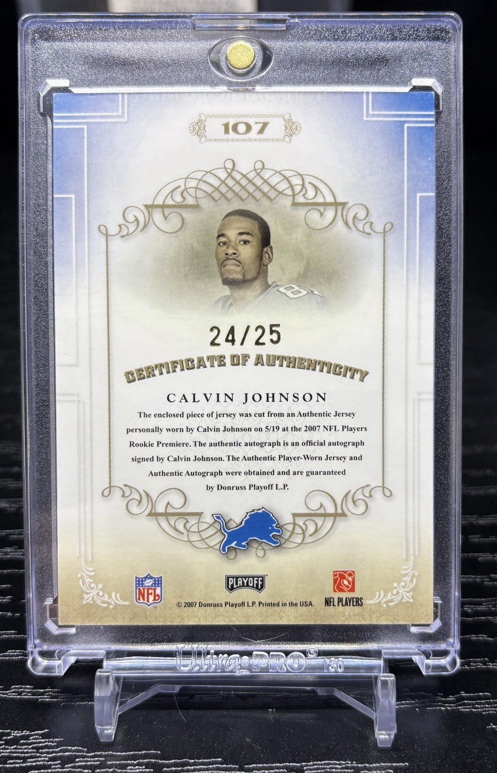 2007 National Treasures Calvin Johnson Rookie Gold Jersey Auto #/25 view 2
