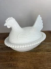 Indiana Glass Vintage White Milk Glass Hen On Nest Dish Beaded 7” Mint Vintage