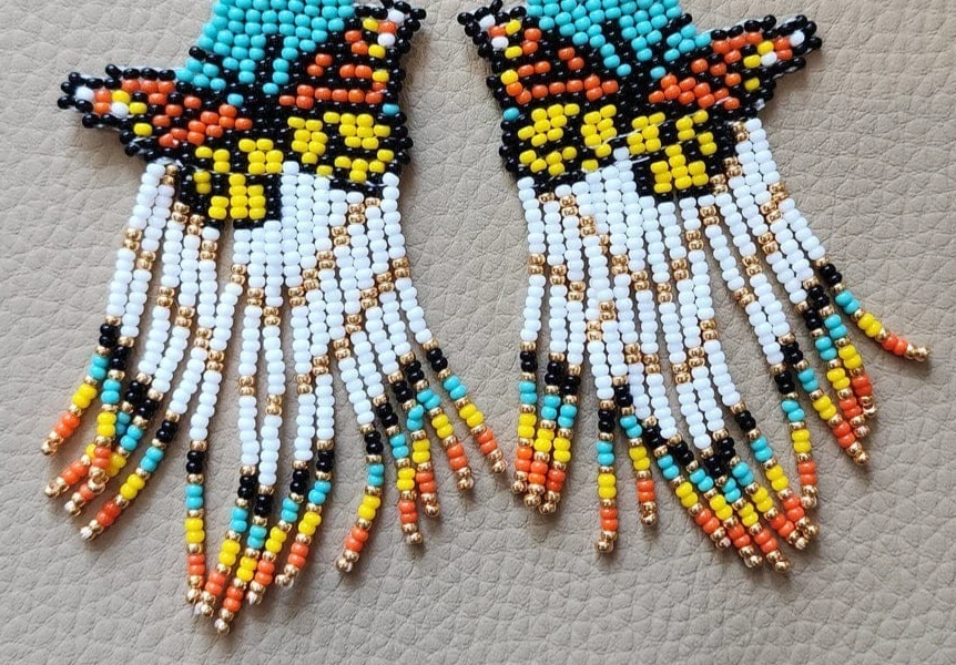Pendientes Tribales Mariposa Nativos Grandes Boho Americanos Semilla Cuentas Hecho a Mano Pendiente Foto 3 de 4