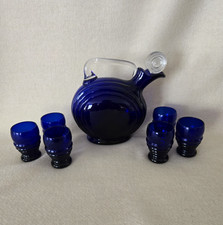 Cambridge Nautilus Cobalt Blue Glass Deco Ball Decanter Clear Stopper 6 Glasses