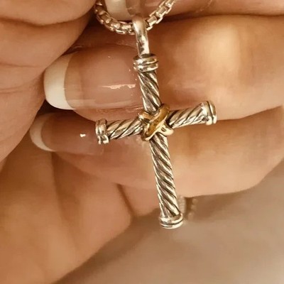 David Yurman 18k & Sterling Cable Cross pendant Necklace 20''