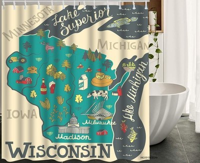 Map Shower Curtain,Cartoon Travel Map of Wisconsin Polyester Bath Shower Curt...